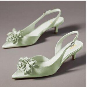 miss left Light Green Flower Pointed Toe Satin Slingback Slip on Low Heel Pumps